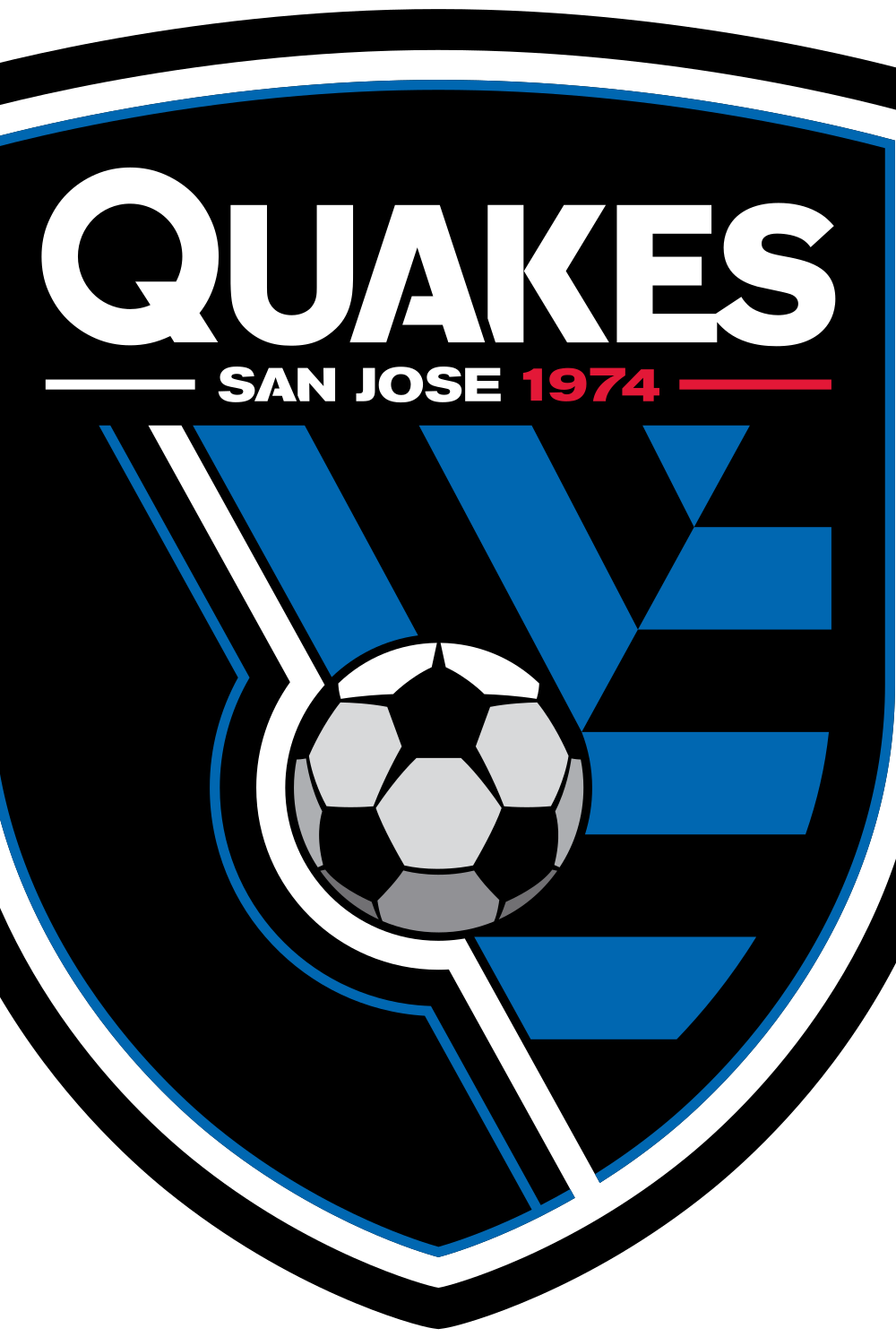 San Jose Earthquakes logo, a shield in blue and black with a soccer ball in the middle