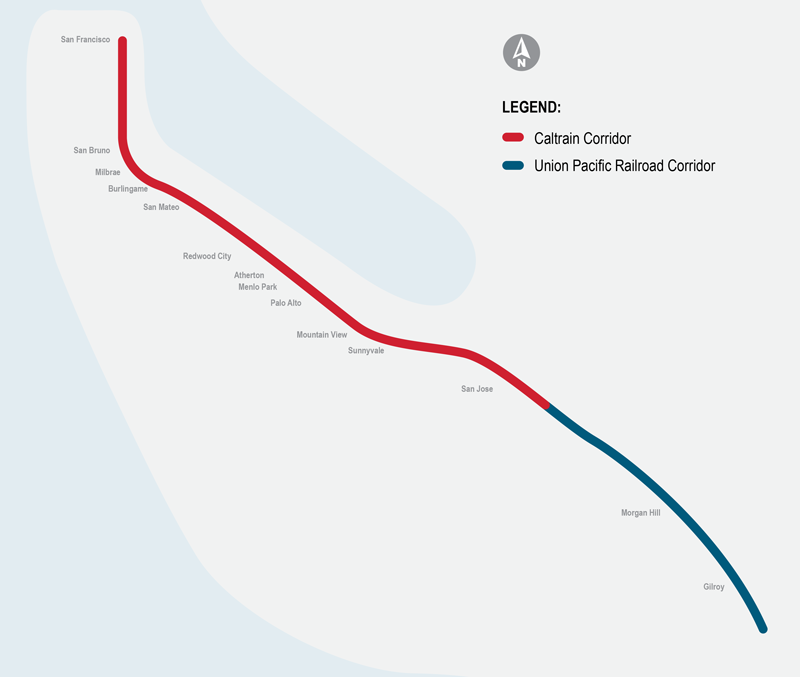 Map of Caltrain vs UPRR rail lines