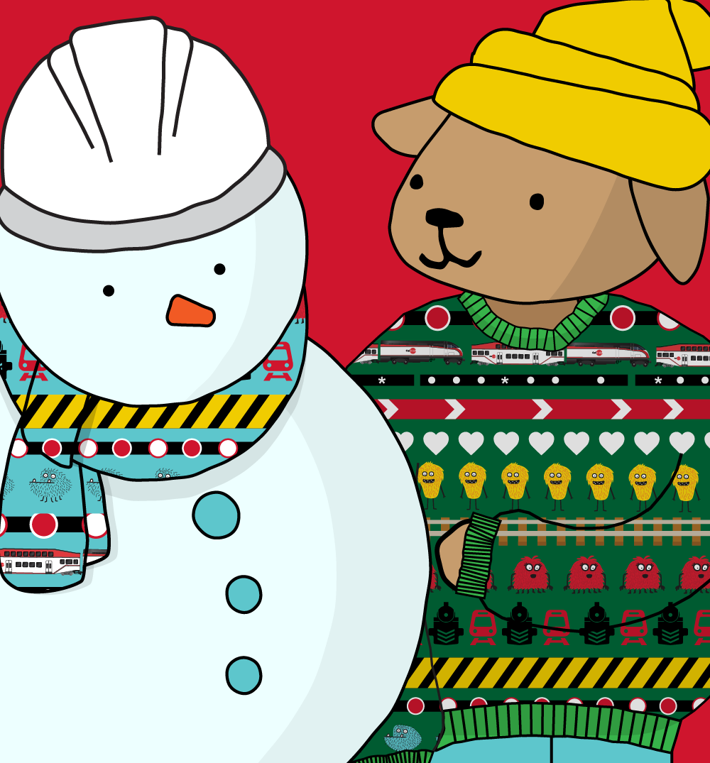 Festive snowman with hard hat and dog in holiday sweater