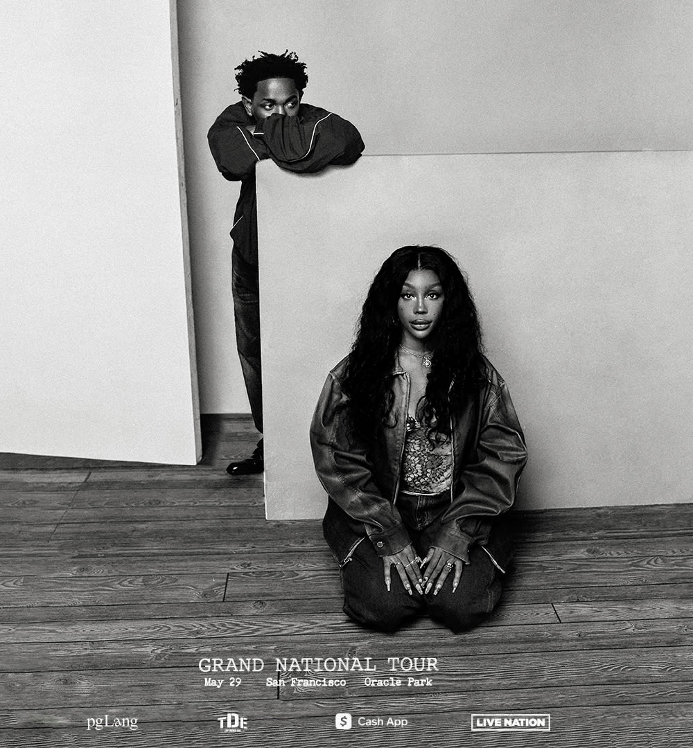 Kendrick Lamar and SZA posing in black and white