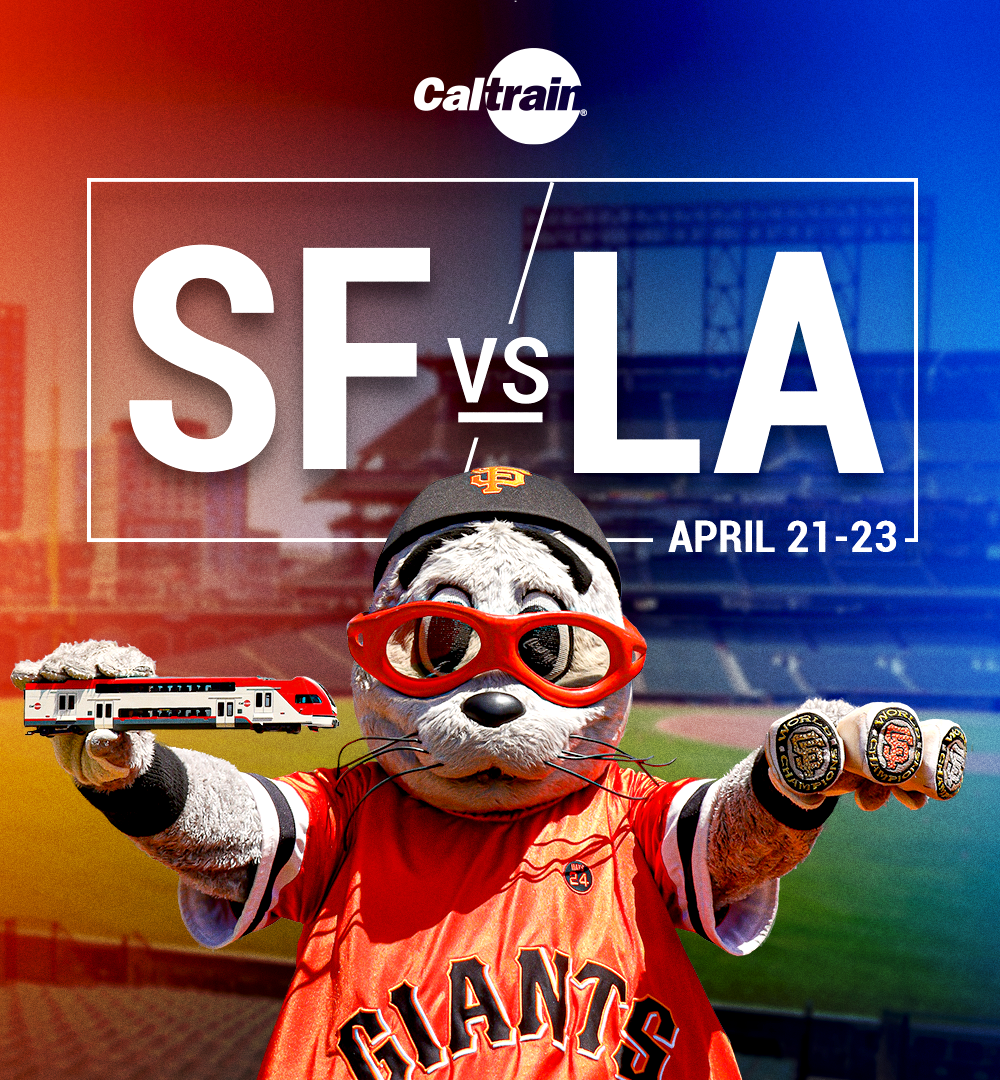 Lou Seal holding up a model Caltrain and his World Series rings before text reading SF vs. LA 