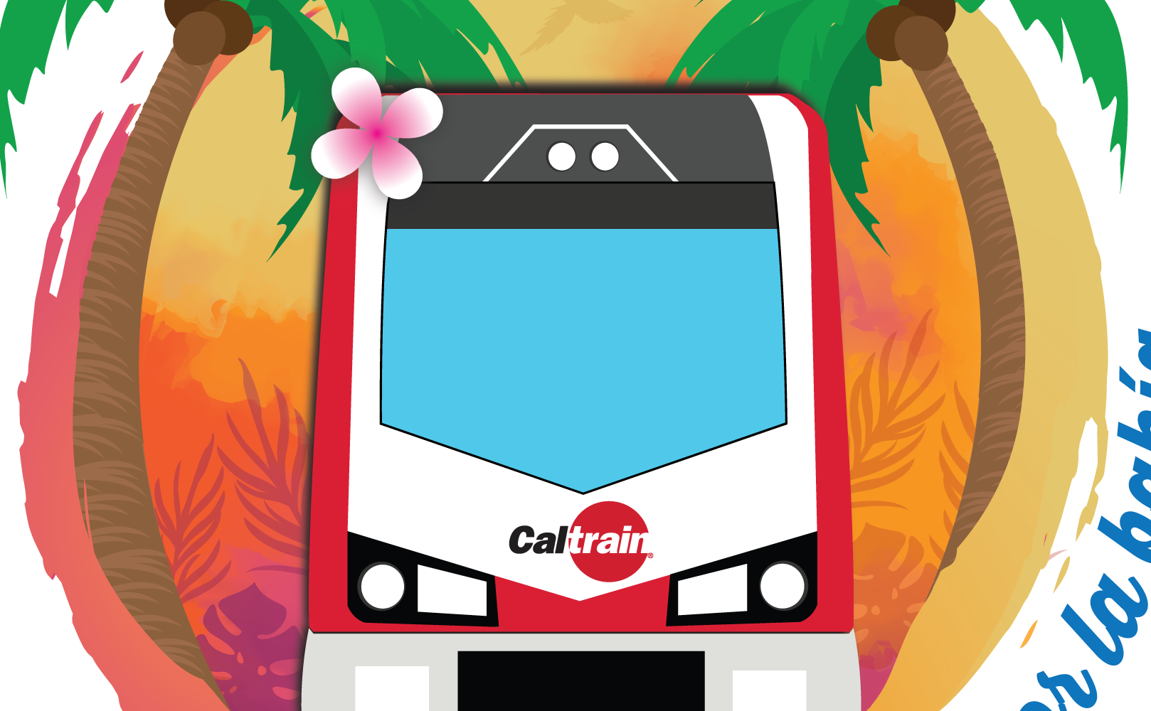 Image of Caltrain train in front of palm trees
