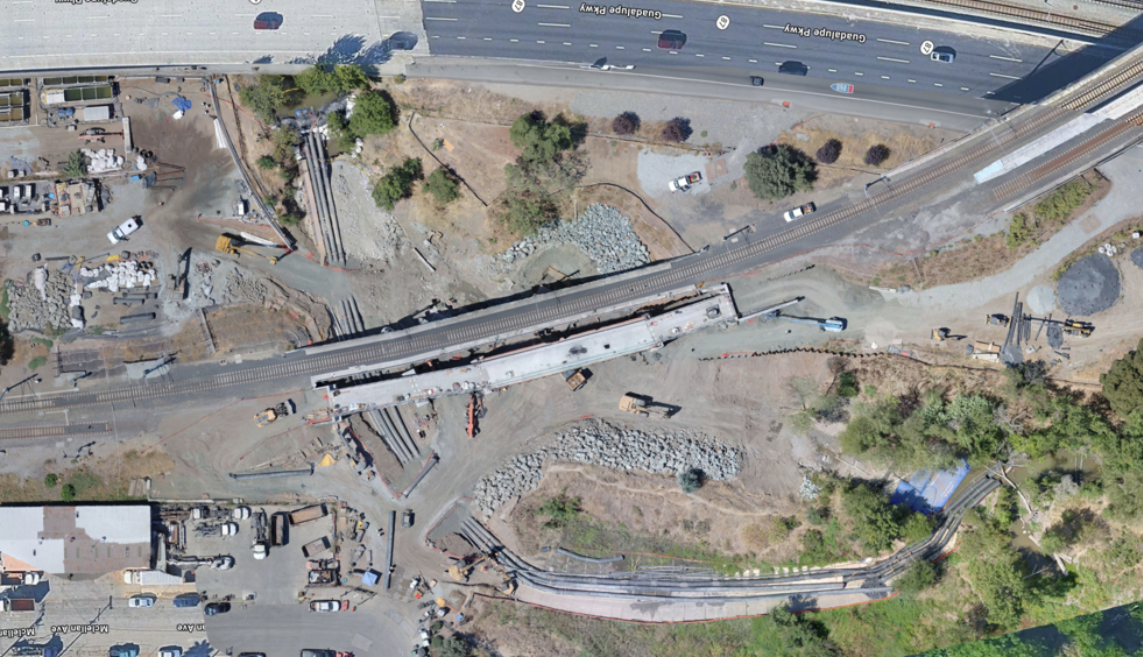 Overhead picture of construction at the Guadalupe River Bridge
