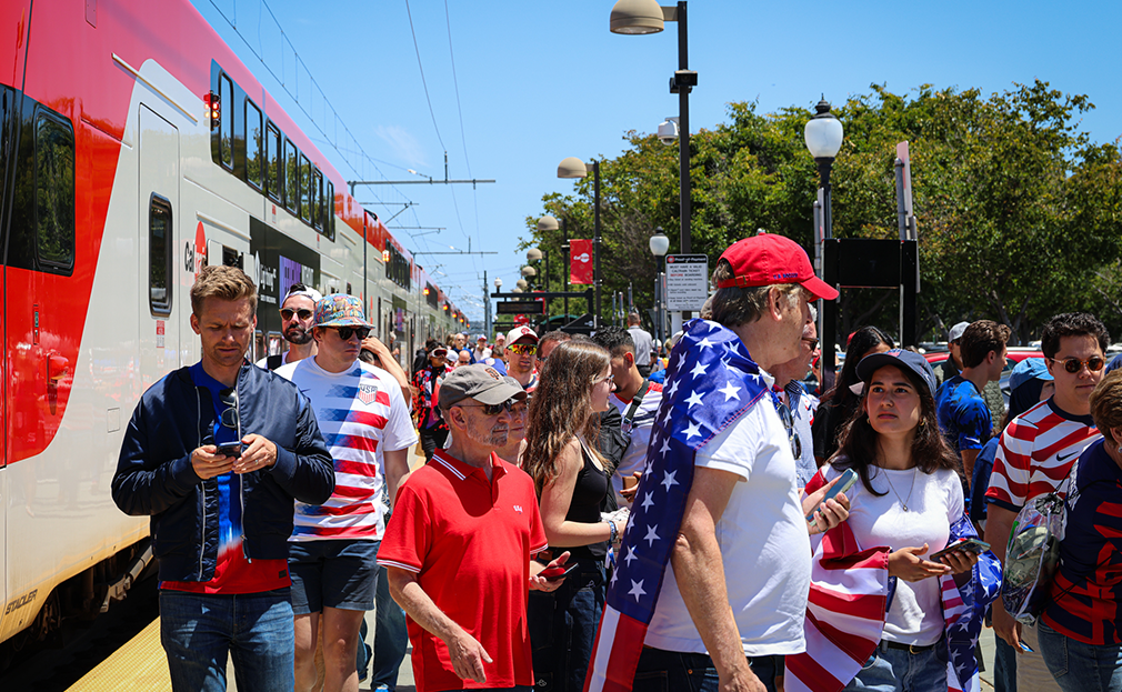 Crowd of Soccer Fans exiting Caltrain Train