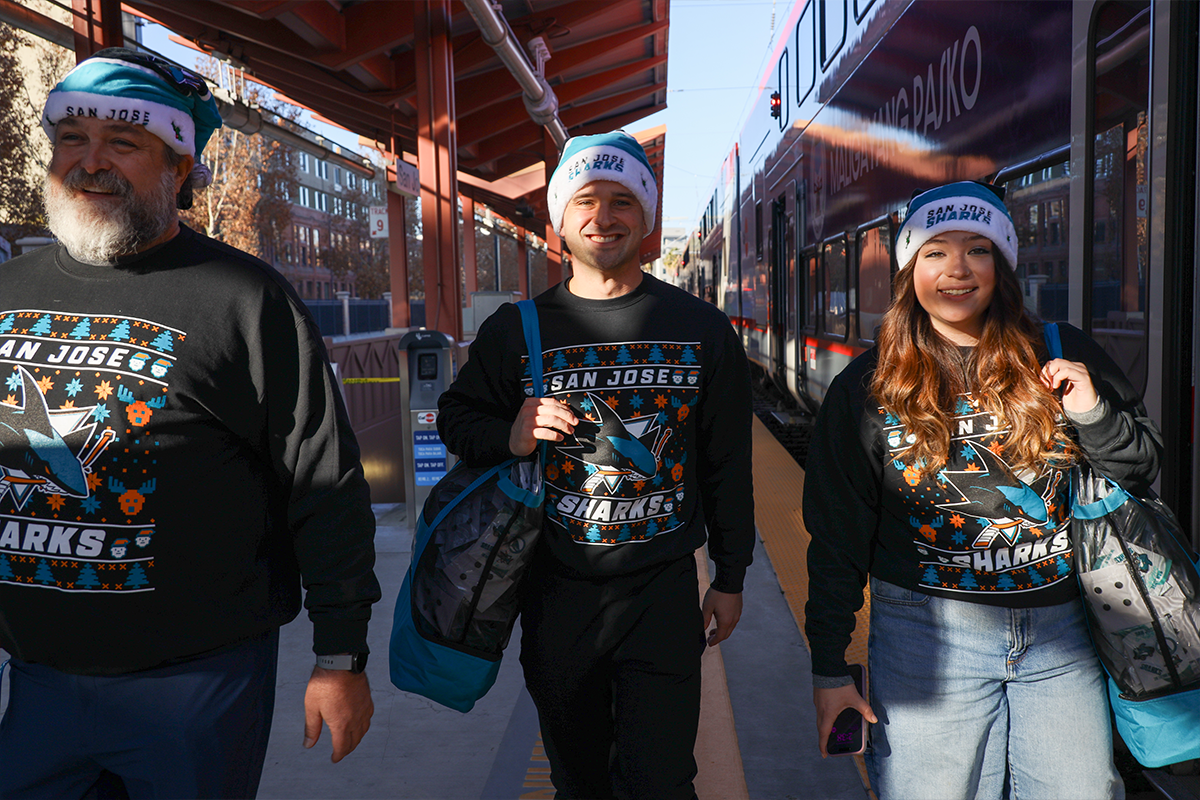 Group in San Jose Sharks Holiday Sweaters