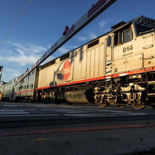 Train at the Broadway Grade Crossing in Burlingame