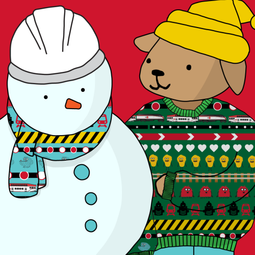 Festive snowman with hard hat and dog in holiday sweater