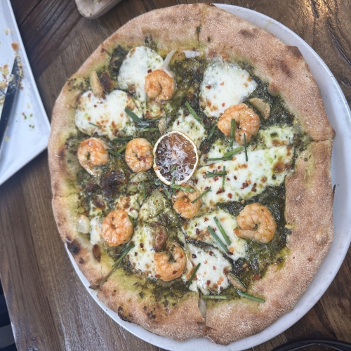 A shrimp and pesto pizza from Rise Pizzeria in San Mateo