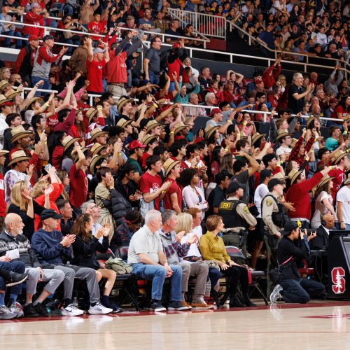 Fans cheering at Maples Pavilion