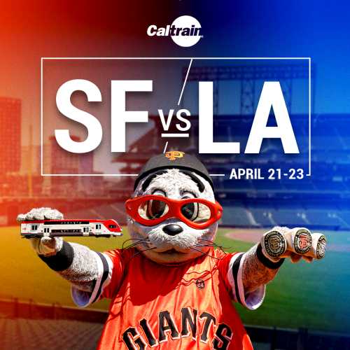 Lou Seal holding up a model Caltrain and his World Series rings before text reading SF vs. LA 