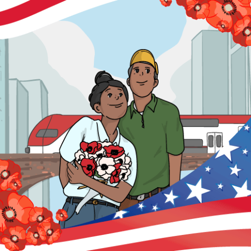 Graphic of a couple standing together with Caltrain train in background and American Flag in foreground