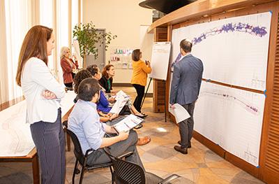 Group of people meeting and looking at a map
