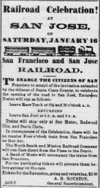 An ad in the Jan. 16, 1864 Daily Alta California promotes the "Railroad Celebration" and special trains.