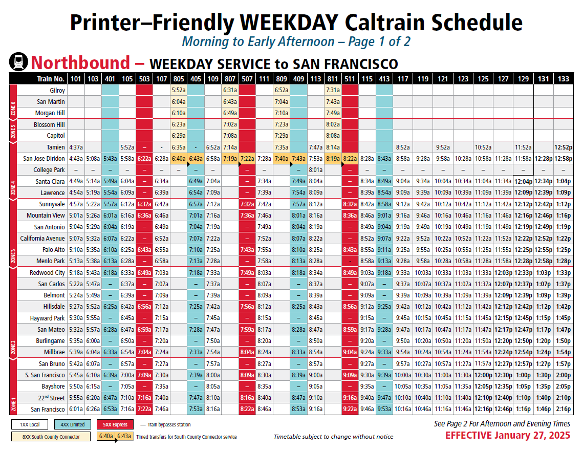  Northbound Weekday Service to San Francisco - Morning to Early Afternoon