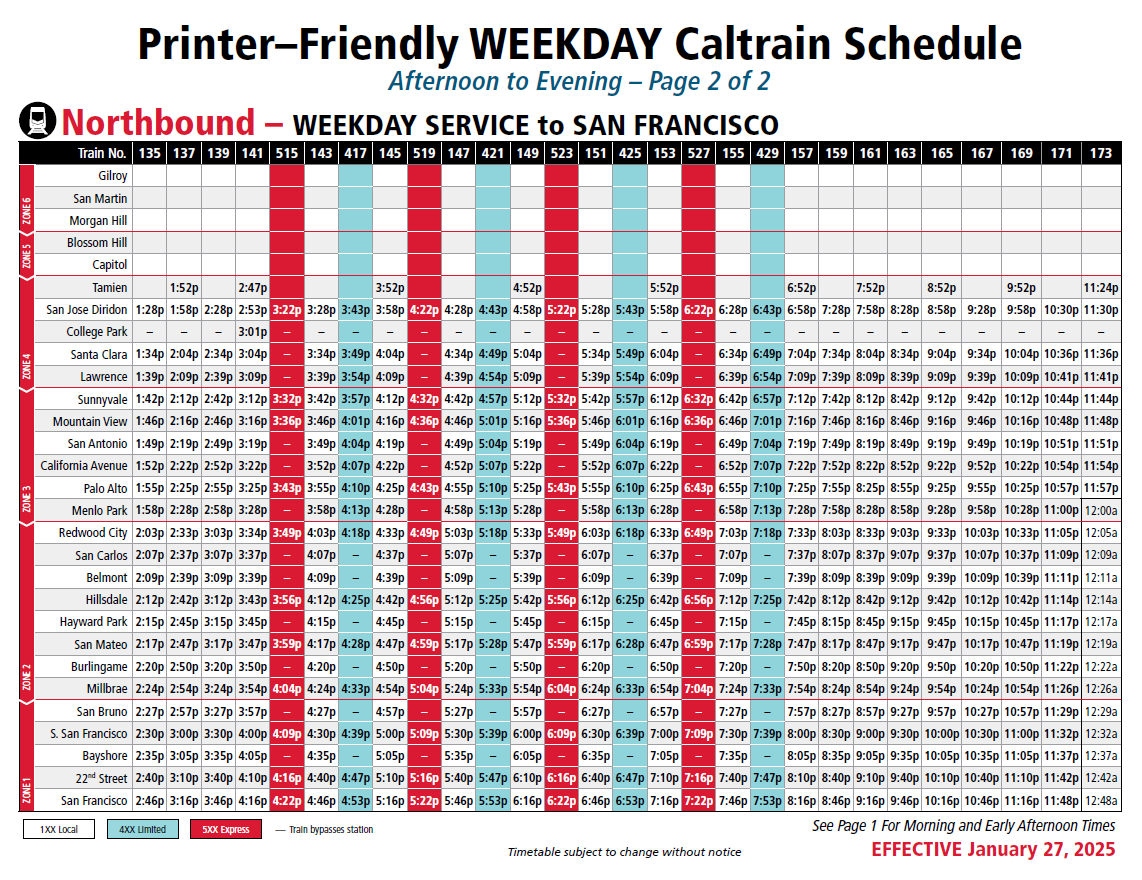 Northbound Weekday Service to San Francisco - Afternoon to Evening