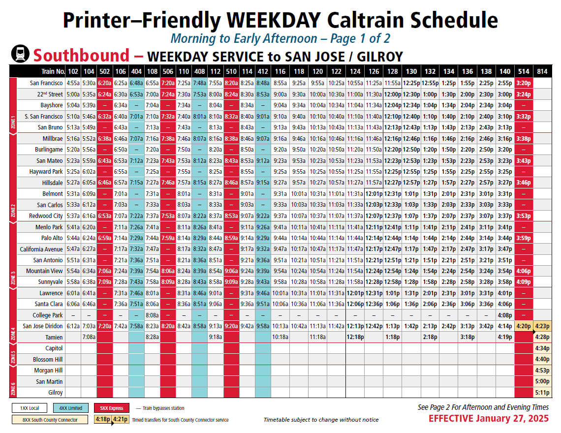 Southbound Weekday Service to San Jose, Gilroy - Morning to Early Afternoon 