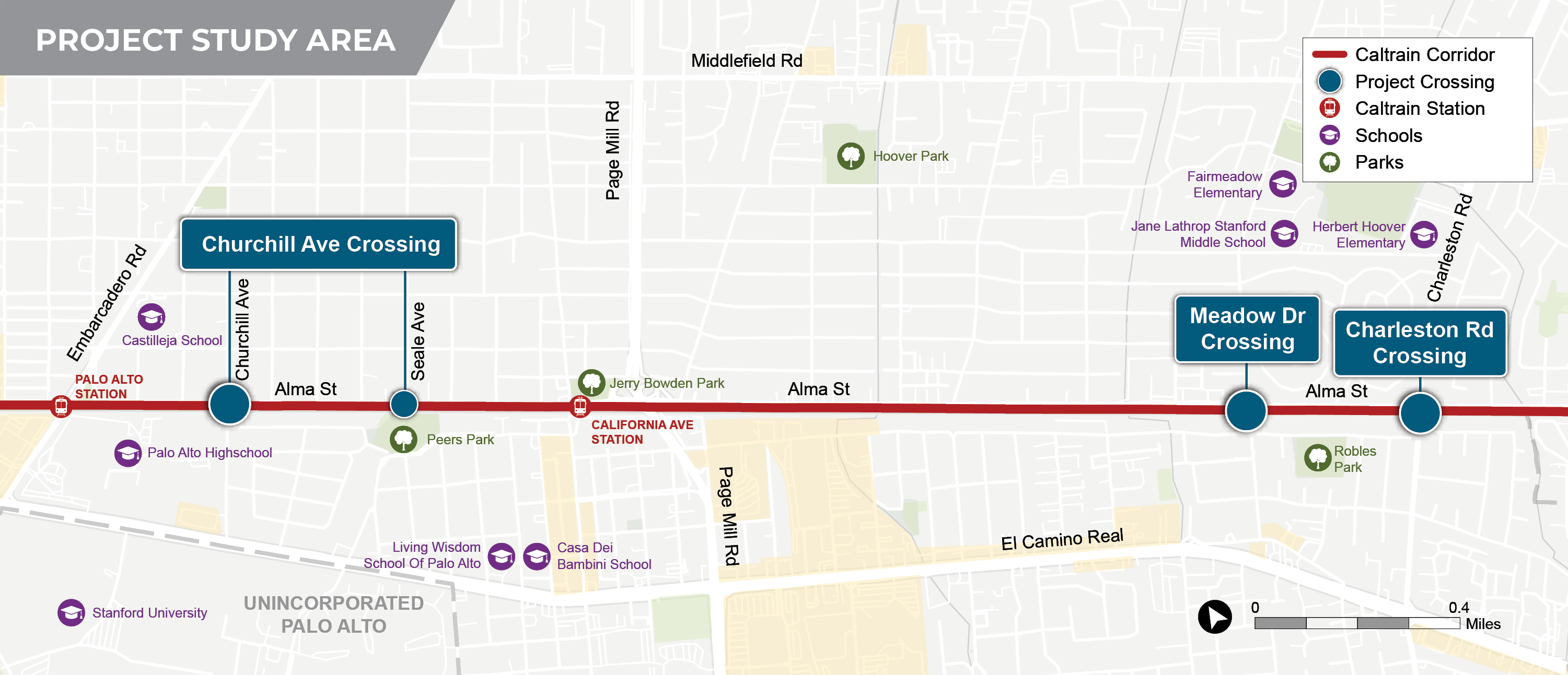  Study area map outlining the three project locations along the Caltrain corridor in Palo Alto. The study area includes the rail intersection of Churchill Avenue, Meadow Drive, and Charleston Road.