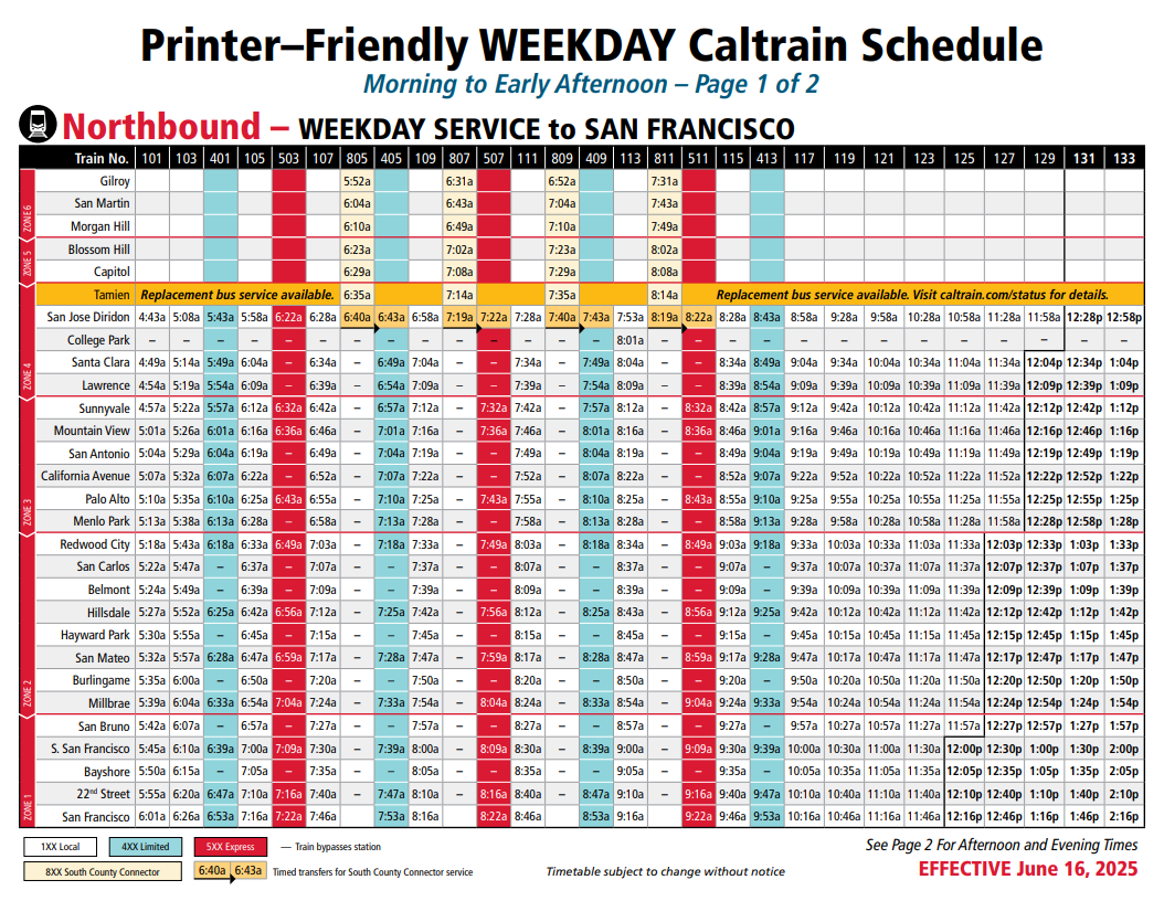  Northbound Weekday Service to San Francisco - Morning to Early Afternoon