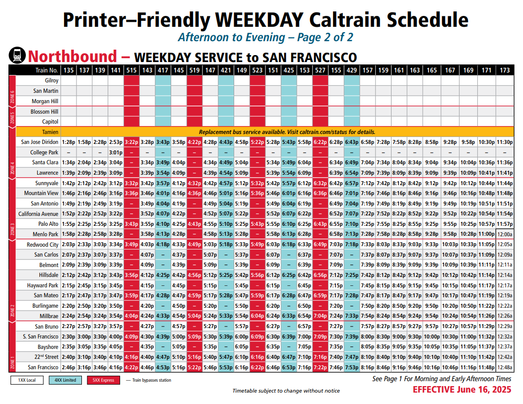 Northbound Weekday Service to San Francisco - Afternoon to Evening