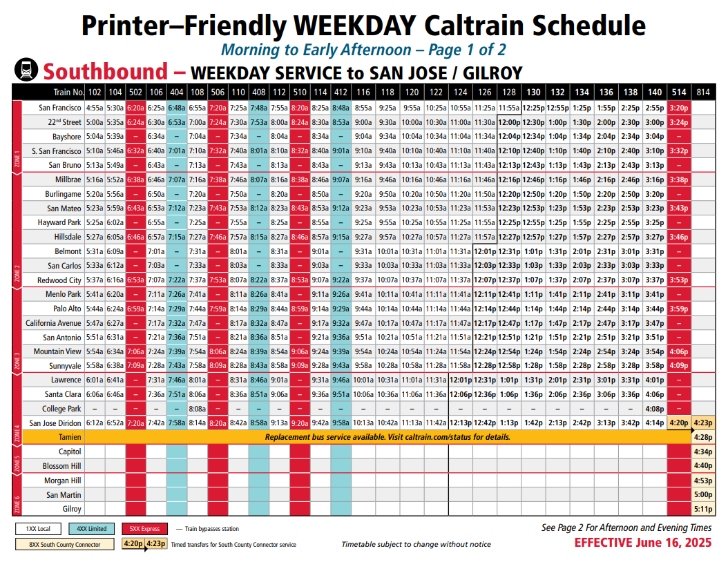 Southbound Weekday Service to San Jose, Gilroy - Morning to Early Afternoon 