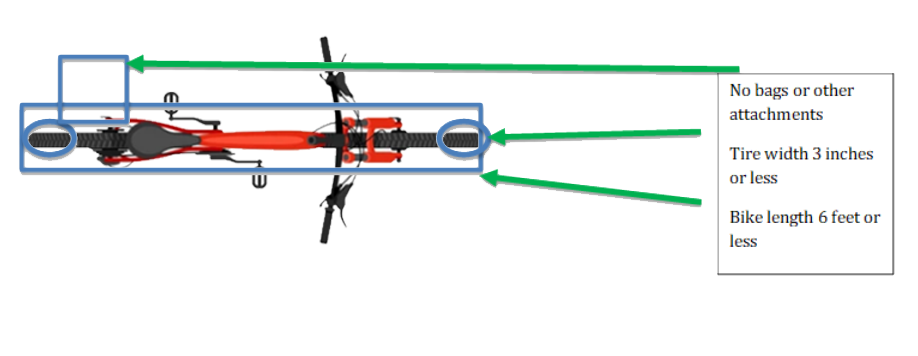 Bike dimensions on the train, no bags or other attachments, tire width 3 inches or less, bike length 6 feet or less