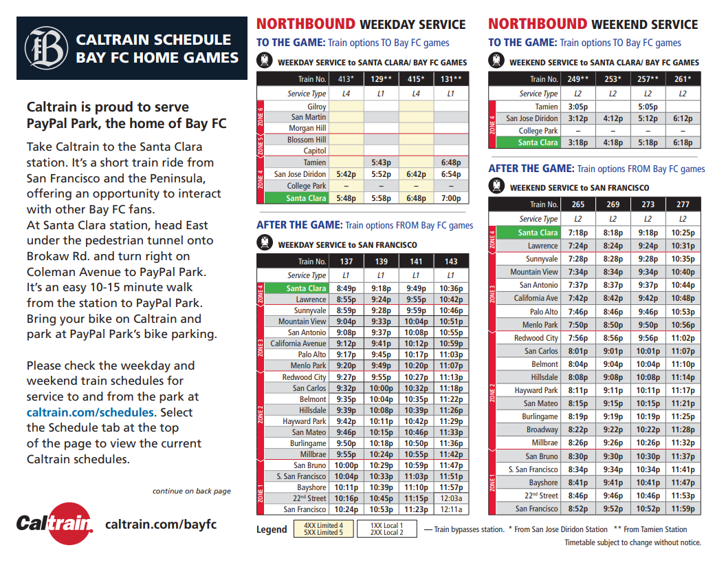 Caltrain Schedule Bay FC Home Games Northbound