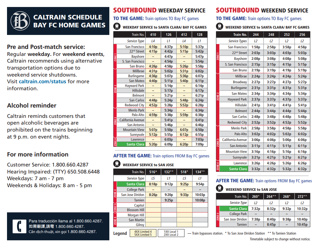 Caltrain Schedule Bay FC Home Games Southbound