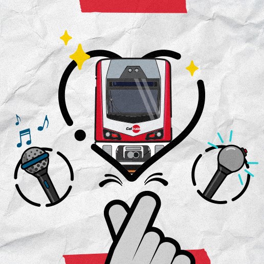 Caltrain EMU graphic within a heart flanked by two microphone graphics