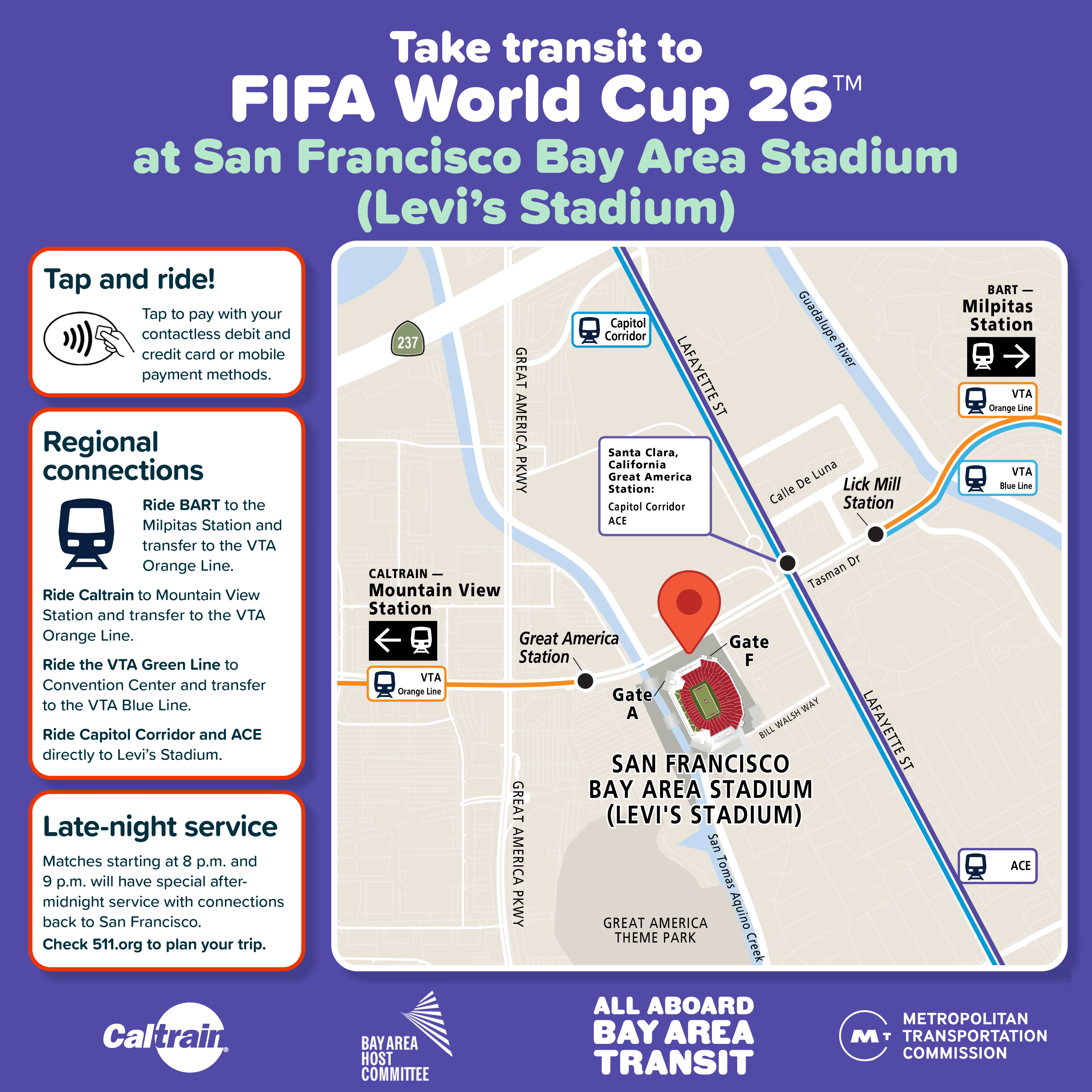 Map of transit agencies to take during FIFA World Cup 26 at Levis Stadium